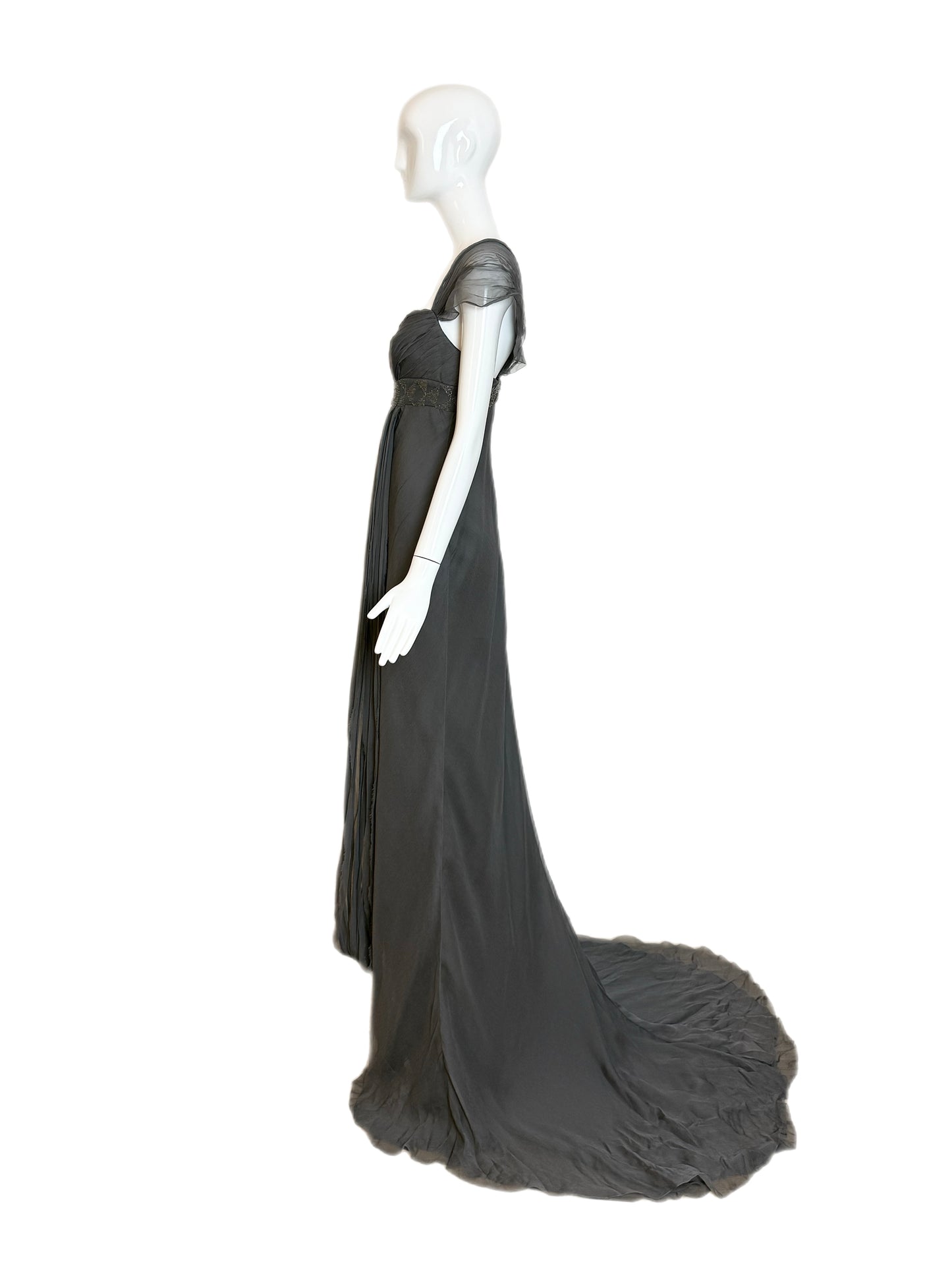 J. MENDEL Vintage Grey Silk Evening Gown w. Long Train