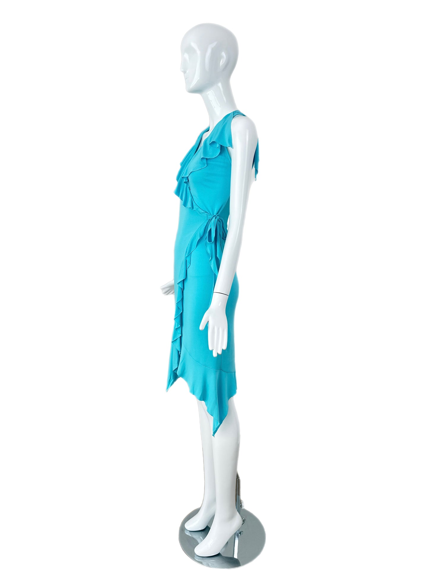 VERSACE 2004 Vintage Aqua Blue Ruffle Wrap Dress