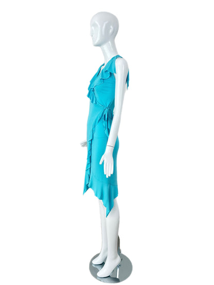 VERSACE 2004 Vintage Aqua Blue Ruffle Wrap Dress
