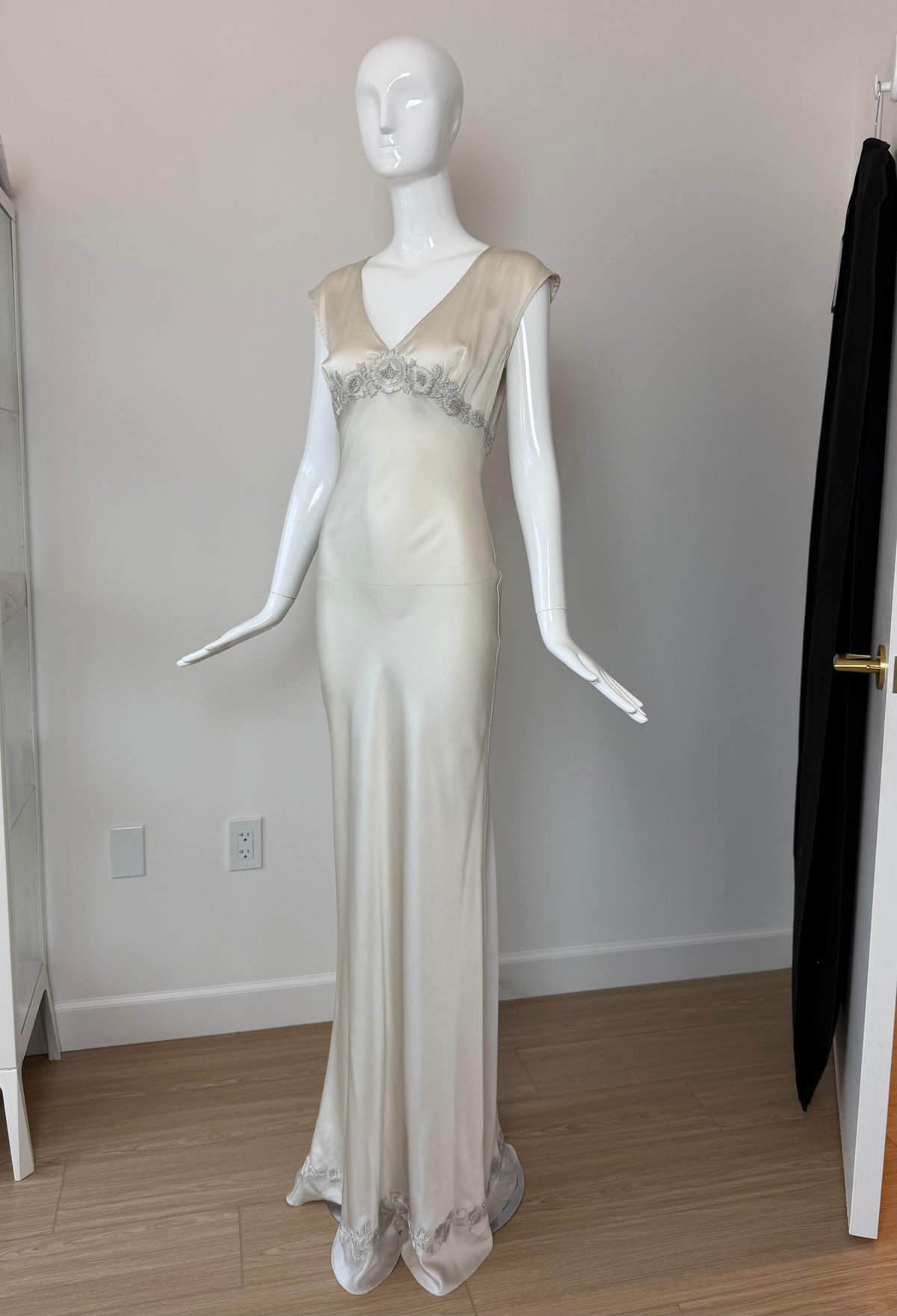 LES HABITUDES 90's Vintage Silver Grey Satin Floral Hand Beaded Antique Look Slip Gown