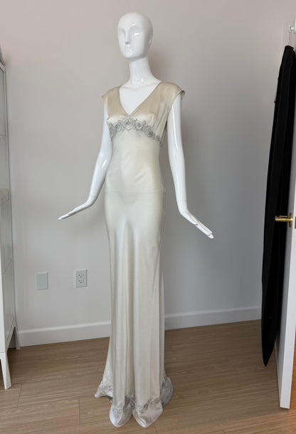 LES HABITUDES 90's Vintage Silver Grey Satin Floral Hand Beaded Antique Look Slip Gown