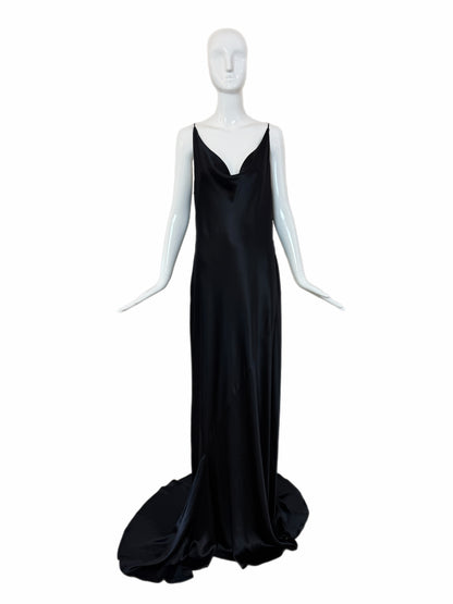 Les Habitudes 90's Vintage Black Liquid Satin Cowl Neck Evening Gown w. Train