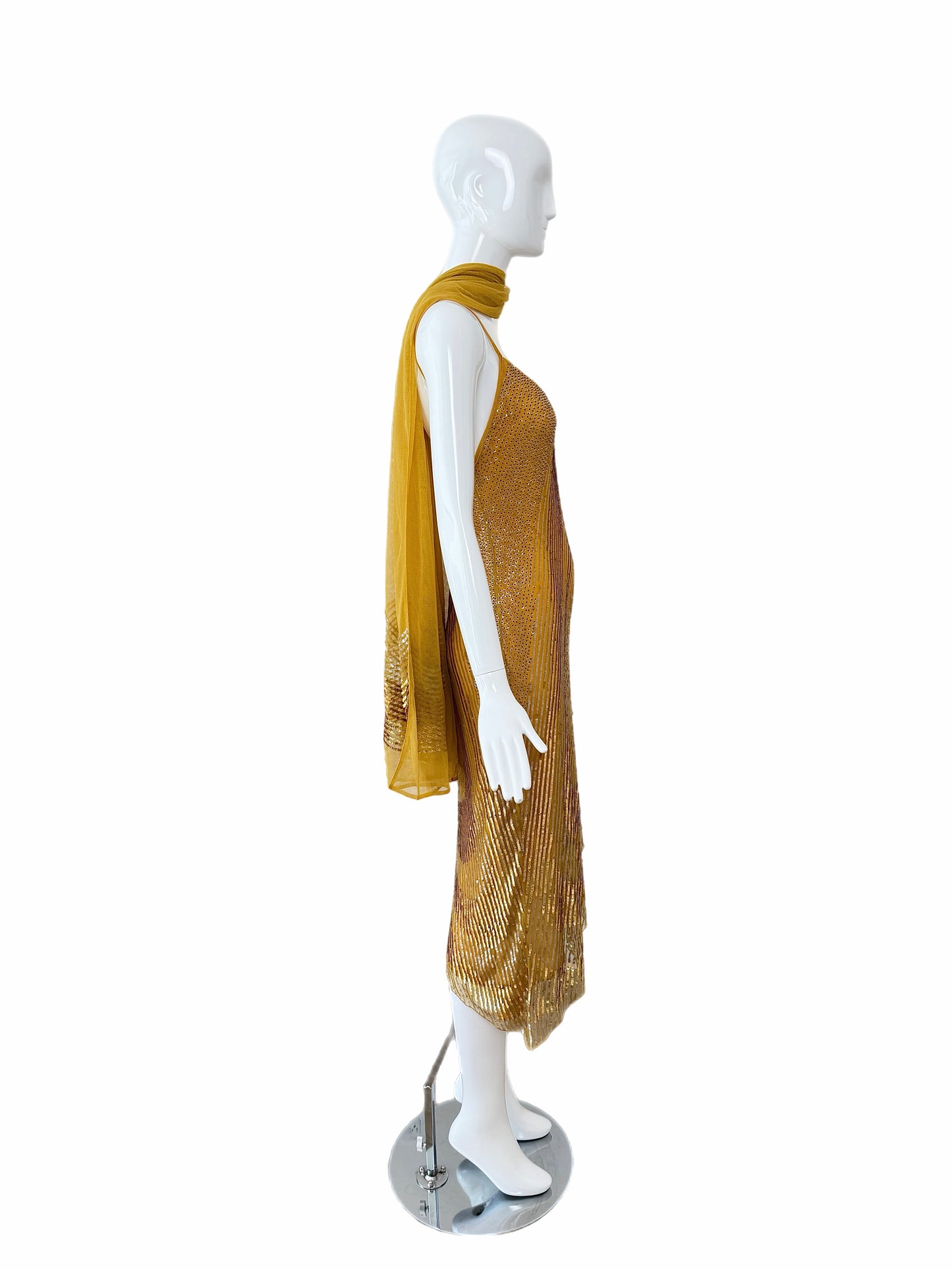 LA PERLA Vintage Marigold Embellished Slip Dress w. Sequin Shawl