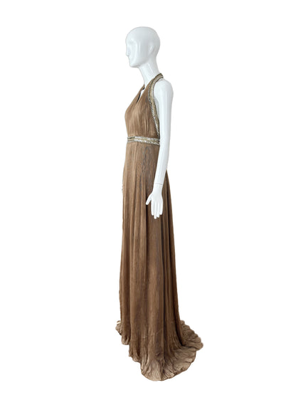 ROBERTO CAVALLI 2000's Vintage Taupe Plissé Grecian Embellished Evening Gown