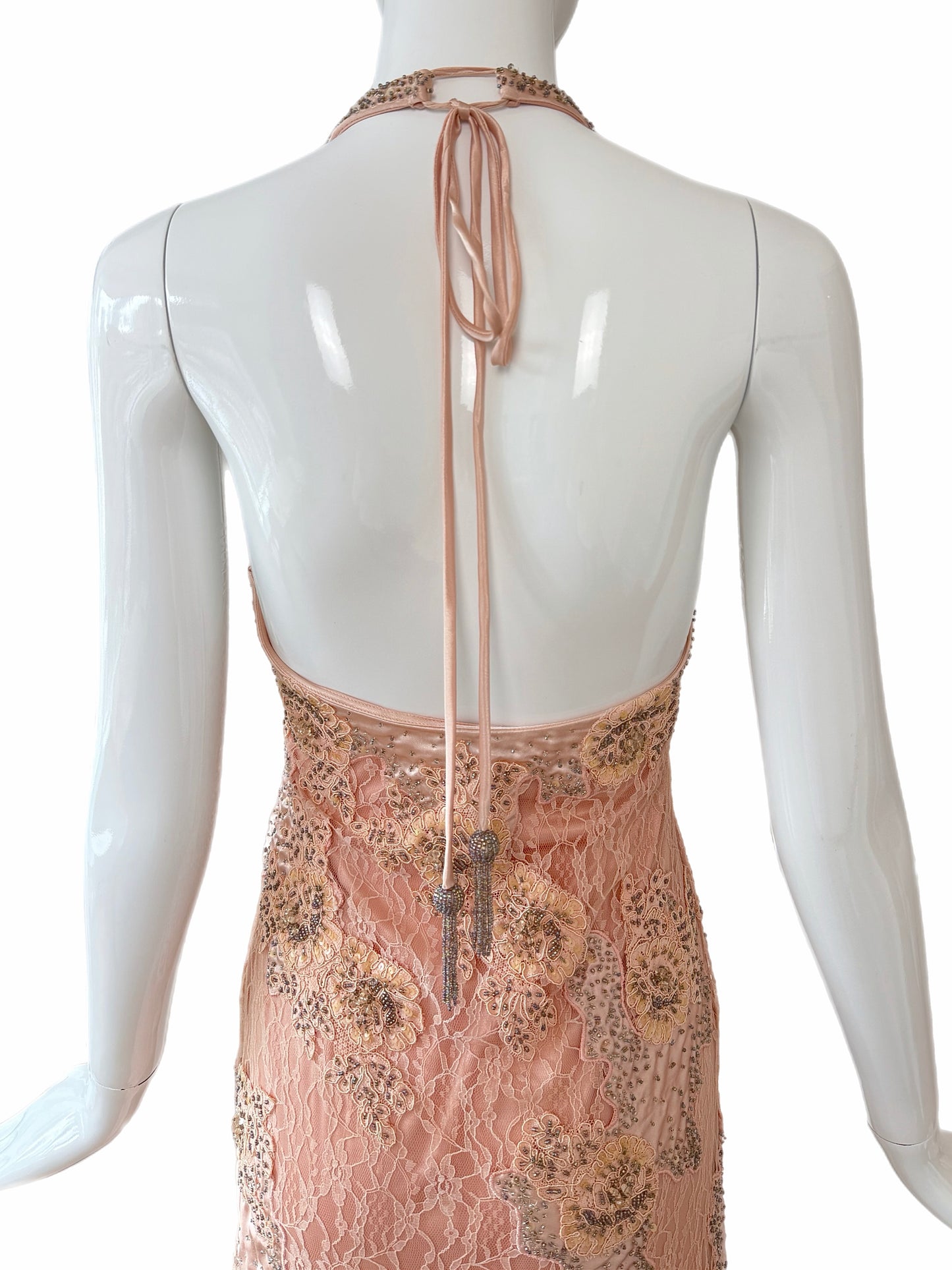 SUE WONG 2000's Vintage Peachy Pink Lace Embellished Maxi Dress