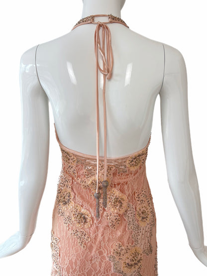 SUE WONG 2000's Vintage Peachy Pink Lace Embellished Maxi Dress
