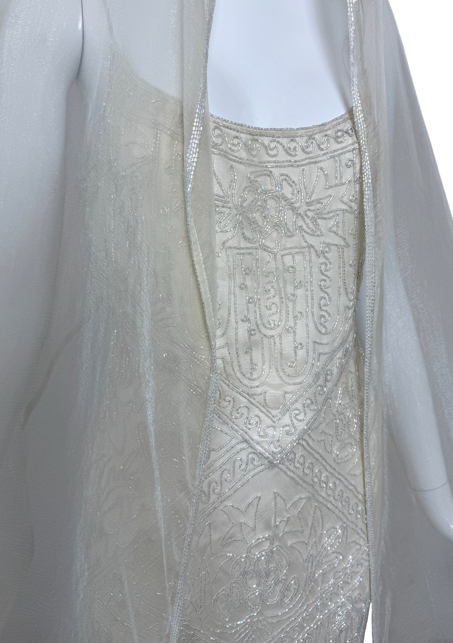 LES HABITUDES 90's Vintage Couture Ivory White Silk Beaded Dress w. Shawl