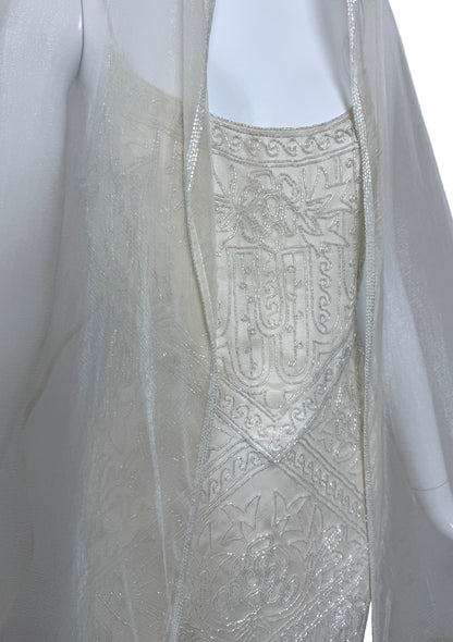 LES HABITUDES 90's Vintage Couture Ivory White Silk Beaded Dress w. Shawl