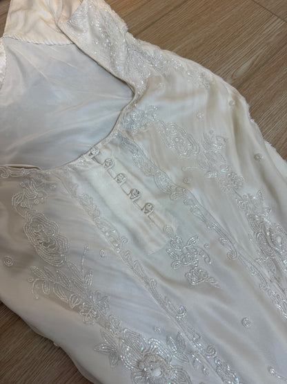 LES HABITUDES 90's Vintage Couture Ivory Beaded Silk Wedding Gown w. Shawl