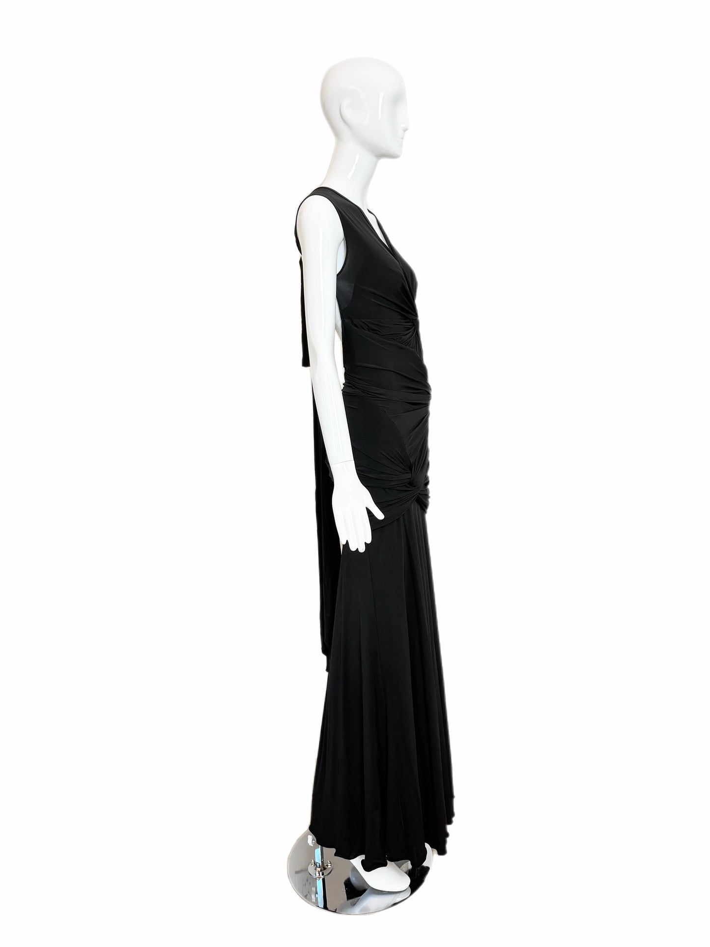 DONNA KARAN Vintage Black Ruched Open Back Evening Gown