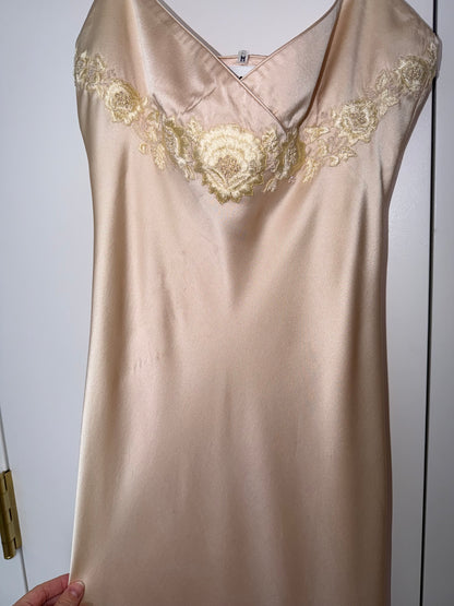 Les Habitudes 90's Vintage Blush Peach Beaded Floral Antique Look Slip Gown