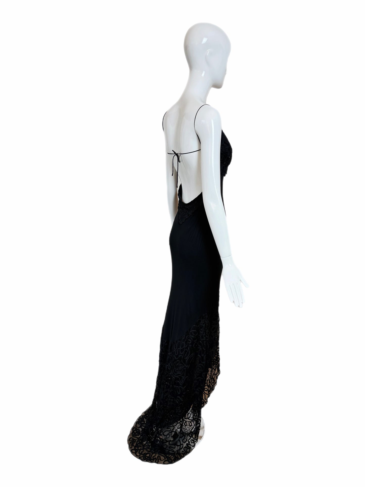 SUE WONG 00's Vintage Silk Black Beaded Evening Gown w. Train