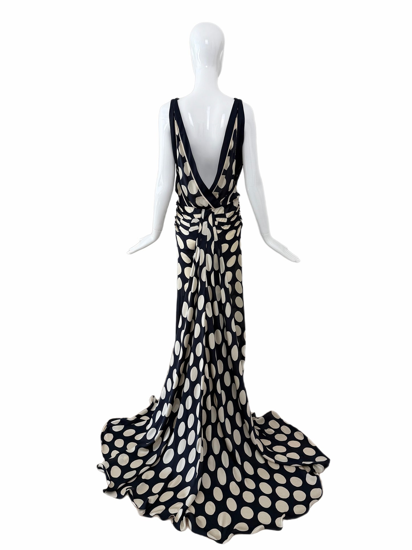 DONNA KARAN 2003 Vintage Runway Silk Midnight Blue +Ivory Polka Dot Gown