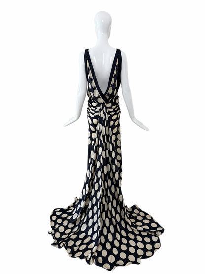 DONNA KARAN 2003 Vintage Runway Silk Midnight Blue +Ivory Polka Dot Gown