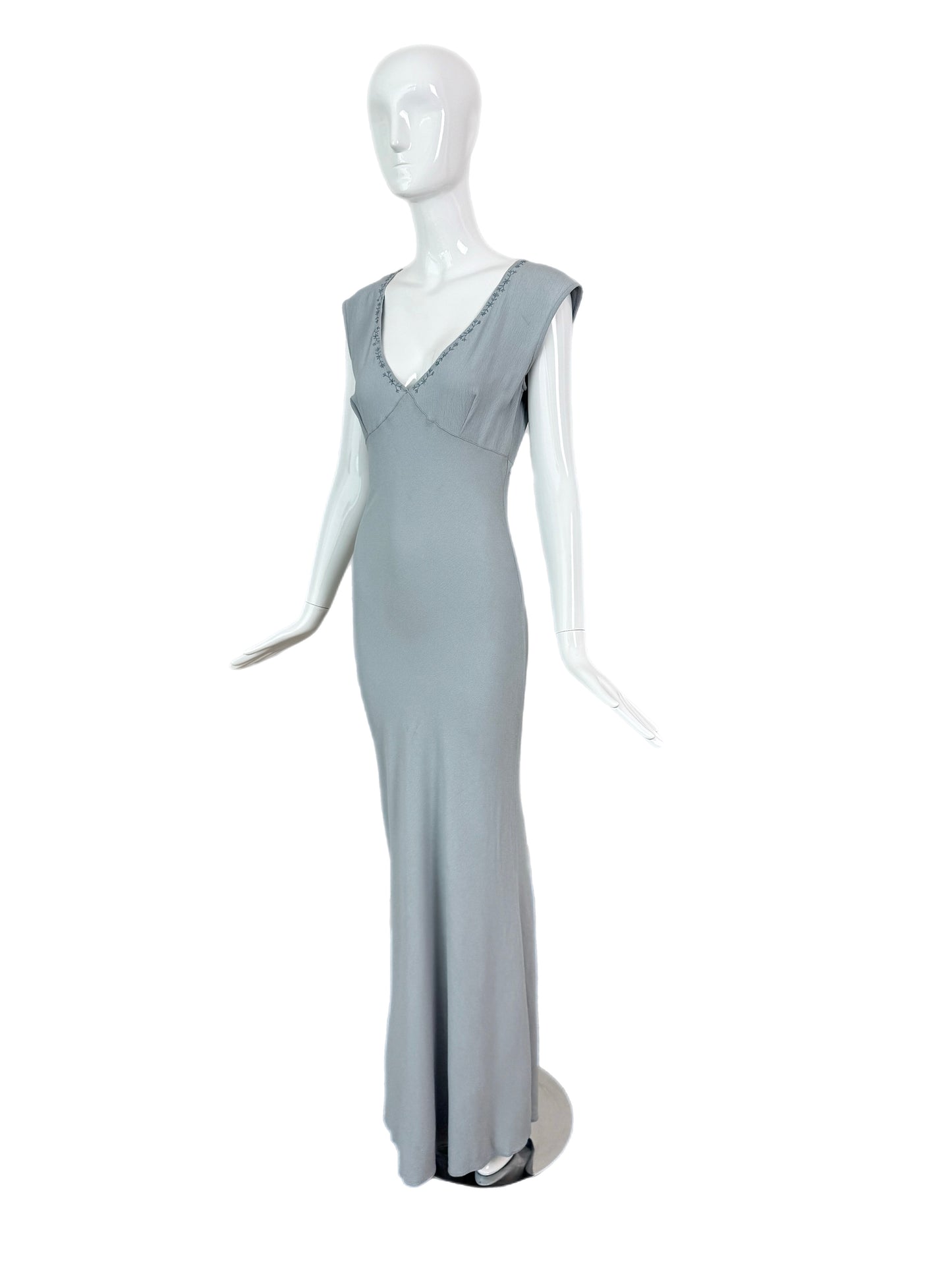 LES HABITUDES 90's Vintage Dusty Powder Blue Floral Neckline Slip Gown