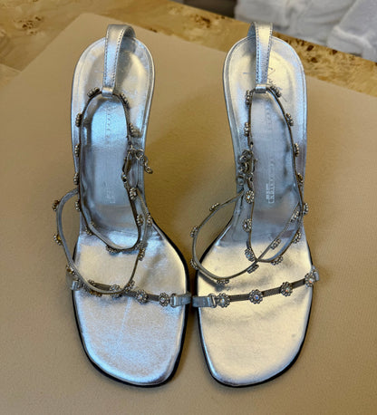 GIUSEPPE ZANOTTI 90's Vintage Silver Crystal Flower Chain Strap Sandals