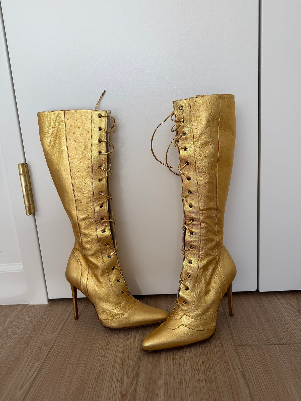DIOR by JOHN GALLIANO 2000 Vintage Gold Leather Embossed Ostrich Print Lace Up Boots