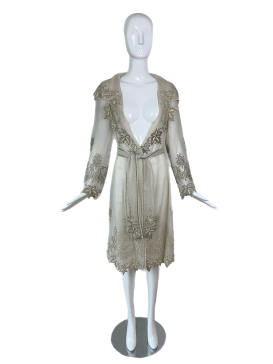 EAVIS & BROWN Vintage Greige Silk Heavily Beaded Evening Jacket