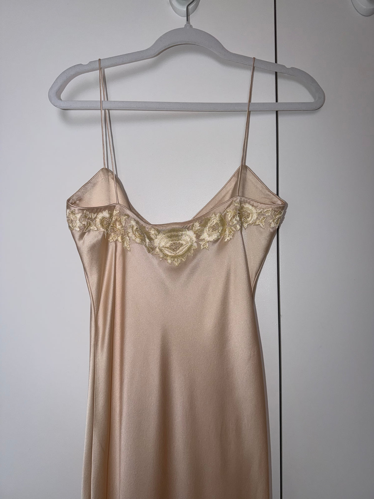 Les Habitudes 90's Vintage Blush Peach Beaded Floral Antique Look Slip Gown