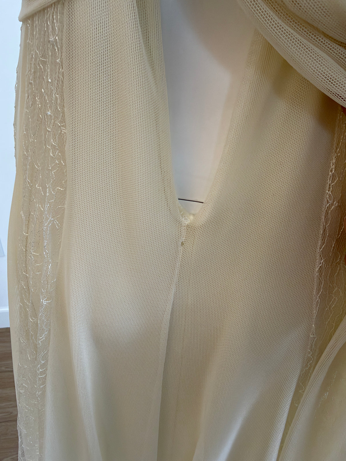 Ema Savahl Couture Hand Painted Ivory Pleated Lace Backless Gown