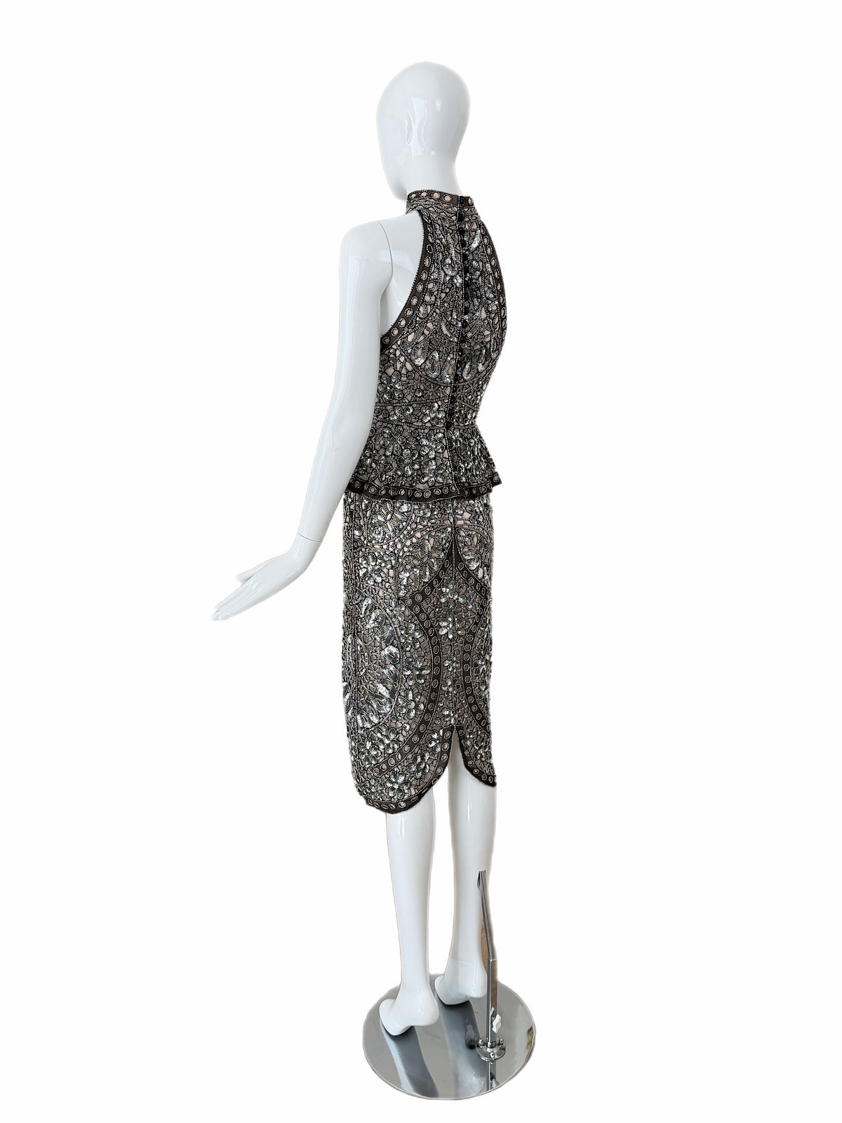 Eavis & Brown Vintage Hand-Beaded Silk Silver Embellished Skirt Set