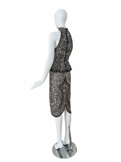Eavis & Brown Vintage Hand-Beaded Silk Silver Embellished Skirt Set
