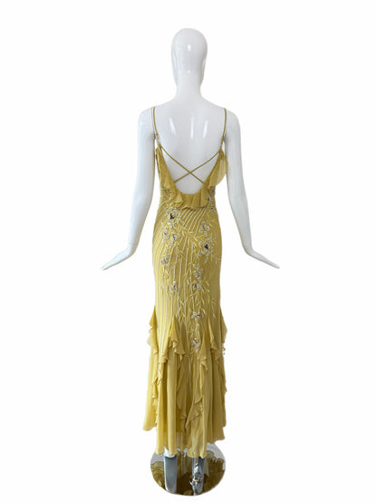 SUE WONG 2005 Vintage Chartreuse Silk Floral Beaded Ruffle Gown