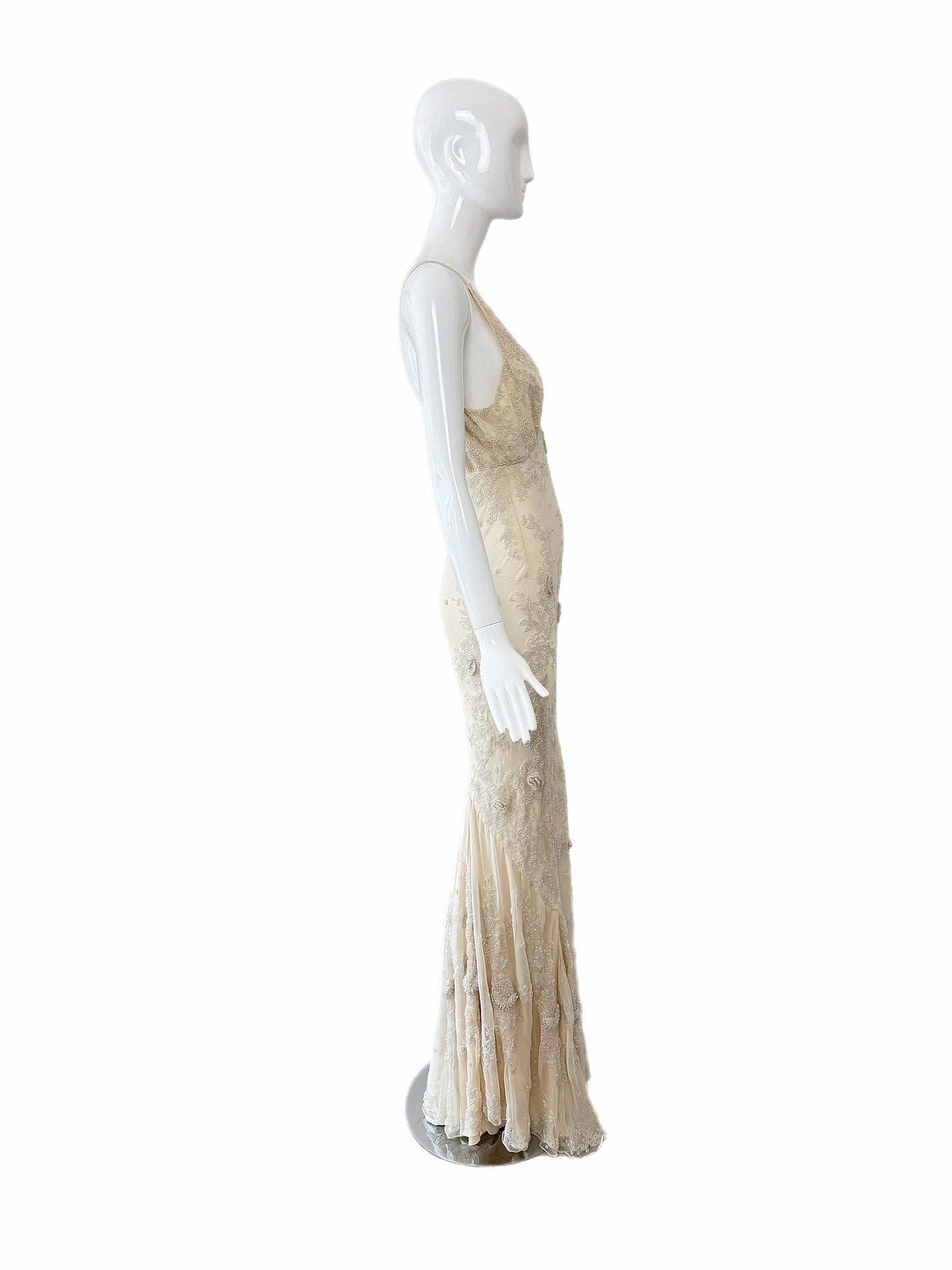 LES HABITUDES 90's Vintage Couture Vanilla Cream Beaded Silk Wedding Gown w. Shawl