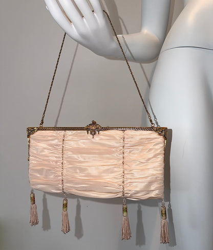 BADGLEY MISCHKA Vintage Peach Satin Beaded Tassel Evening Bag