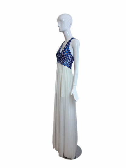 EMA SAVAHL COUTURE Custom Hand Painted Blue + Ivory Grecian Gown