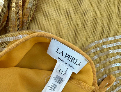 LA PERLA Vintage Marigold Embellished Slip Dress w. Sequin Shawl