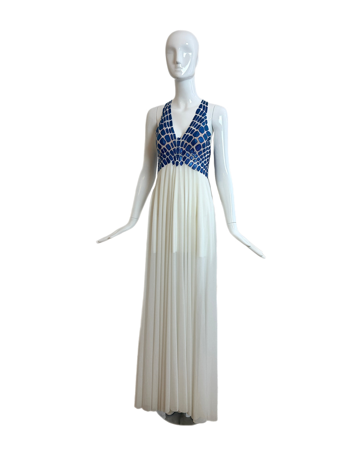 EMA SAVAHL COUTURE Custom Hand Painted Blue + Ivory Grecian Gown