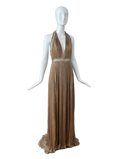 ROBERTO CAVALLI 2000's Vintage Taupe Plissé Grecian Embellished Evening Gown