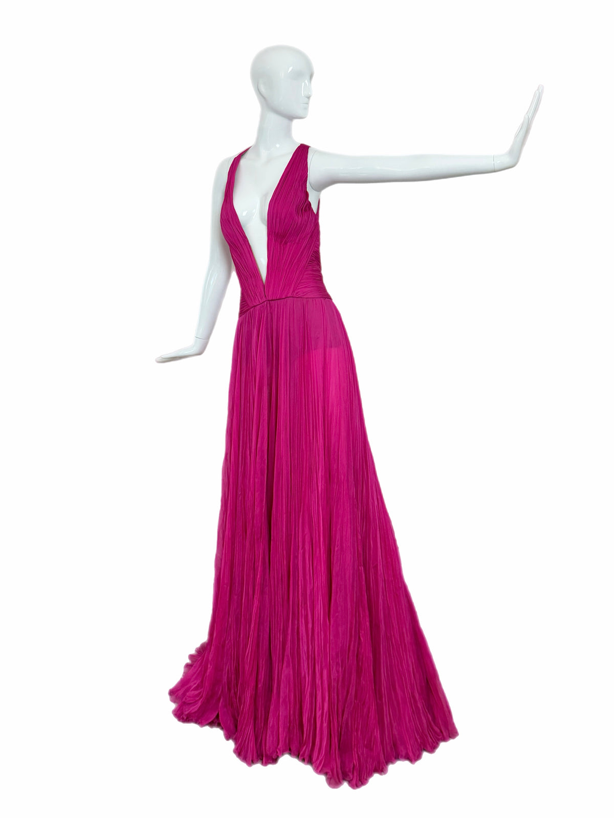 ROBERTO CAVALLI Hot Pink Fuschia Silk Plisse Pleated Plunge Neckline Evening Gown