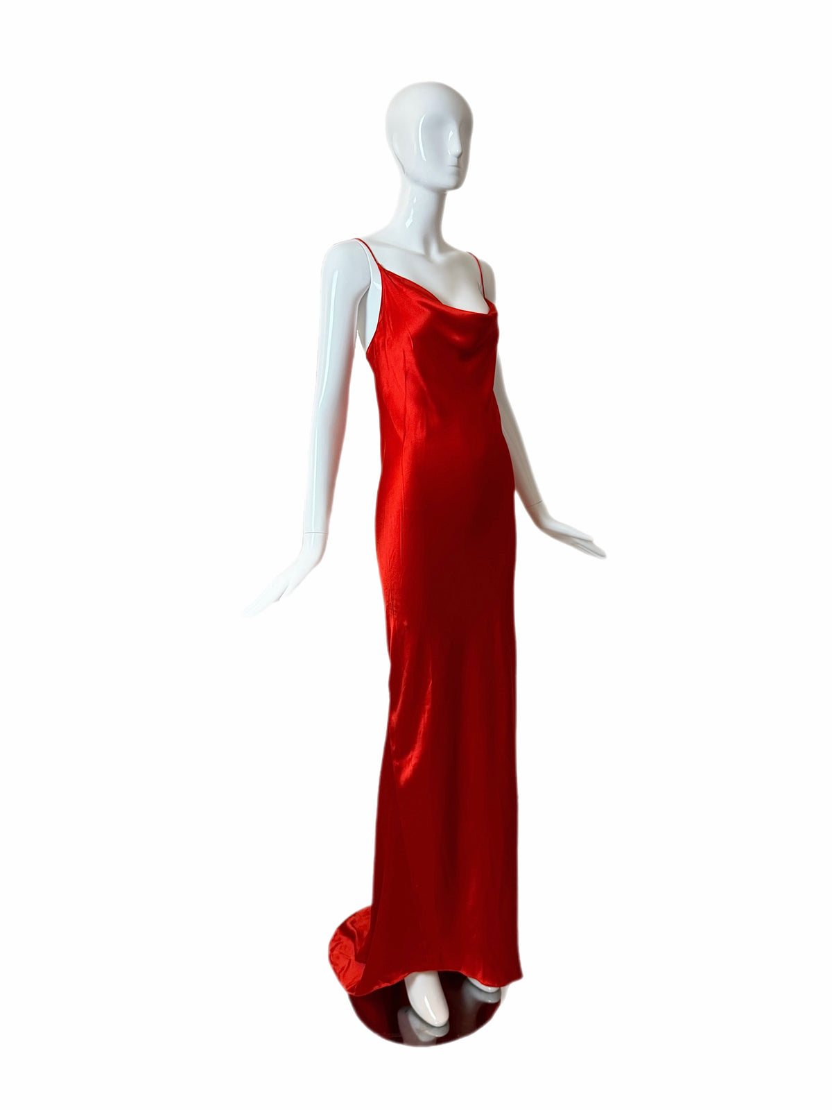 DONNA KARAN 90's Vintage Red Satin Cowl Neck Evening Gown w. Train
