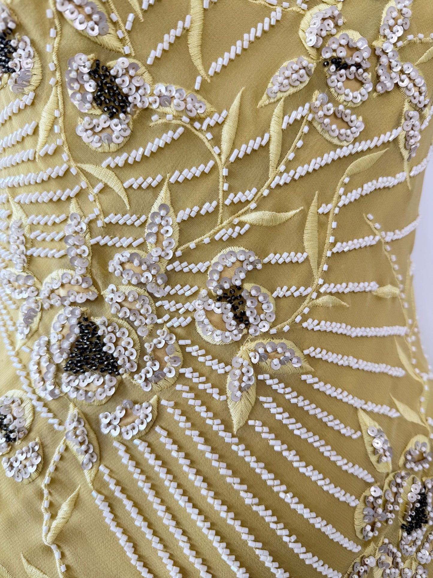 SUE WONG 2005 Vintage Chartreuse Silk Floral Beaded Ruffle Gown