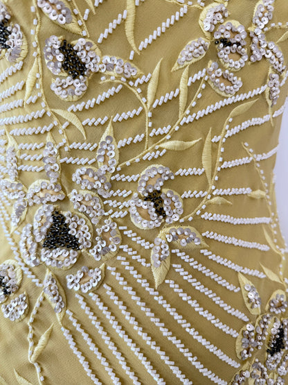 SUE WONG 2005 Vintage Chartreuse Silk Floral Beaded Ruffle Gown
