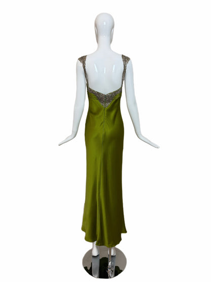 MONIQUE LHUILLIER 2005 Vintage Runway Green Silk Gown w. Crystals