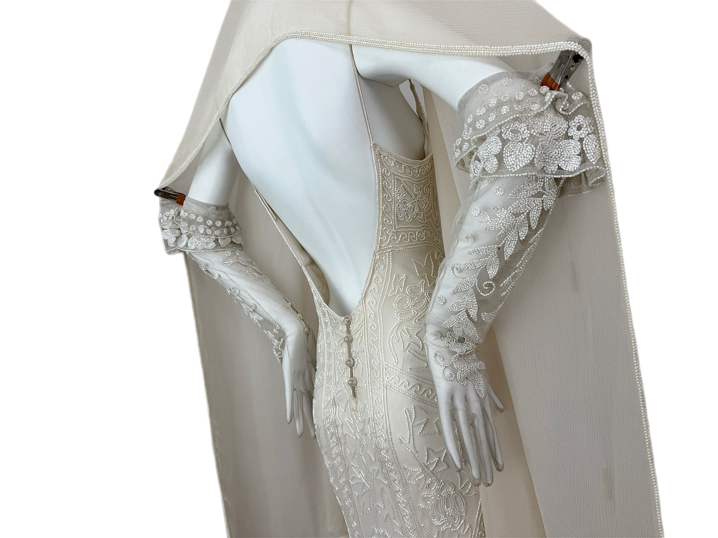 LES HABITUDES 90's Vintage Couture Hand Beaded Bridal Gown w. Gloves + Shawl