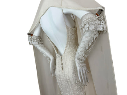 LES HABITUDES 90's Vintage Couture Hand Beaded Bridal Gown w. Gloves + Shawl