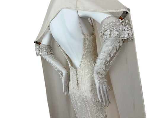 LES HABITUDES 90's Vintage Couture Hand Beaded Bridal Gown w. Gloves + Shawl