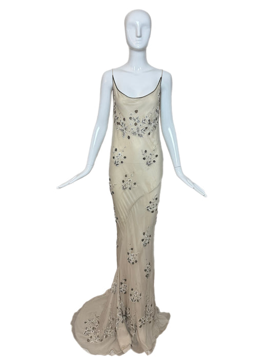 90's Vintage Couture Silk Hand Embroidered Beaded Cowl Back Evening Gown