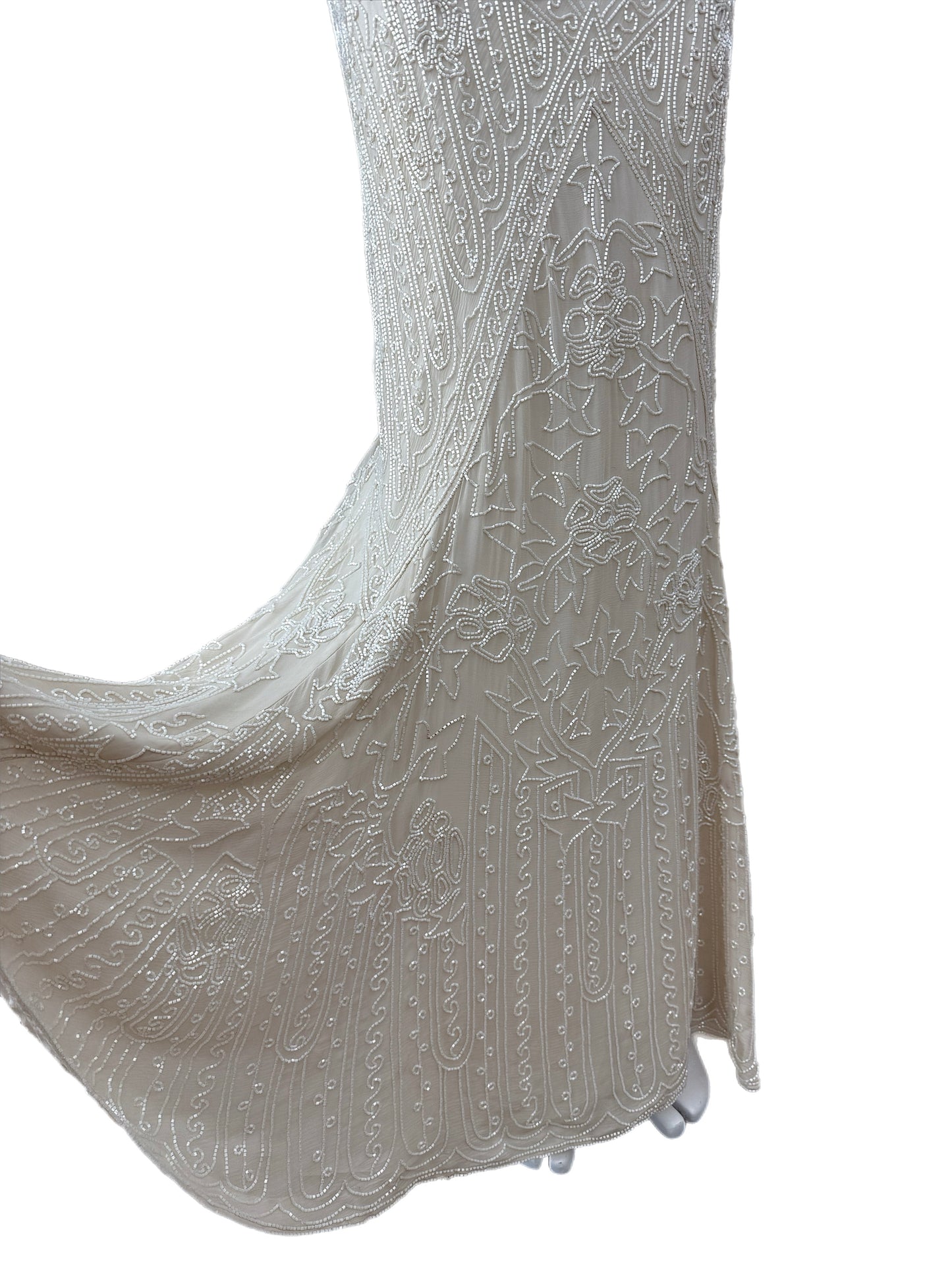 LES HABITUDES 90's Vintage Couture Hand Beaded Bridal Gown w. Gloves + Shawl