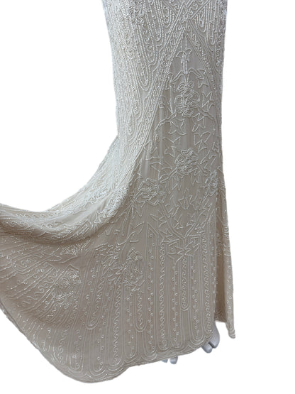 LES HABITUDES 90's Vintage Couture Hand Beaded Bridal Gown w. Gloves + Shawl