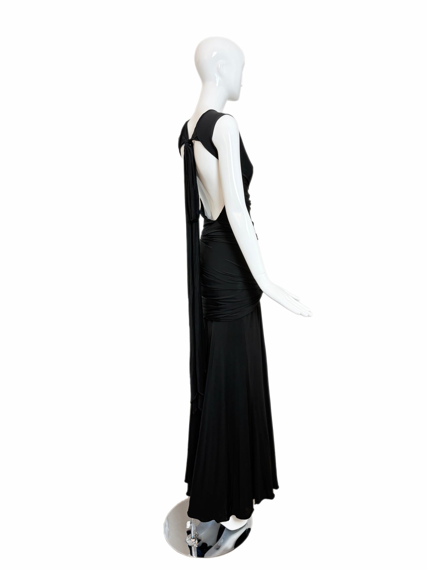 DONNA KARAN Vintage Black Ruched Open Back Evening Gown
