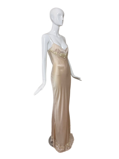 LES HABITUDES 90's Vintage Blush Peach Beaded Floral Slip Gown