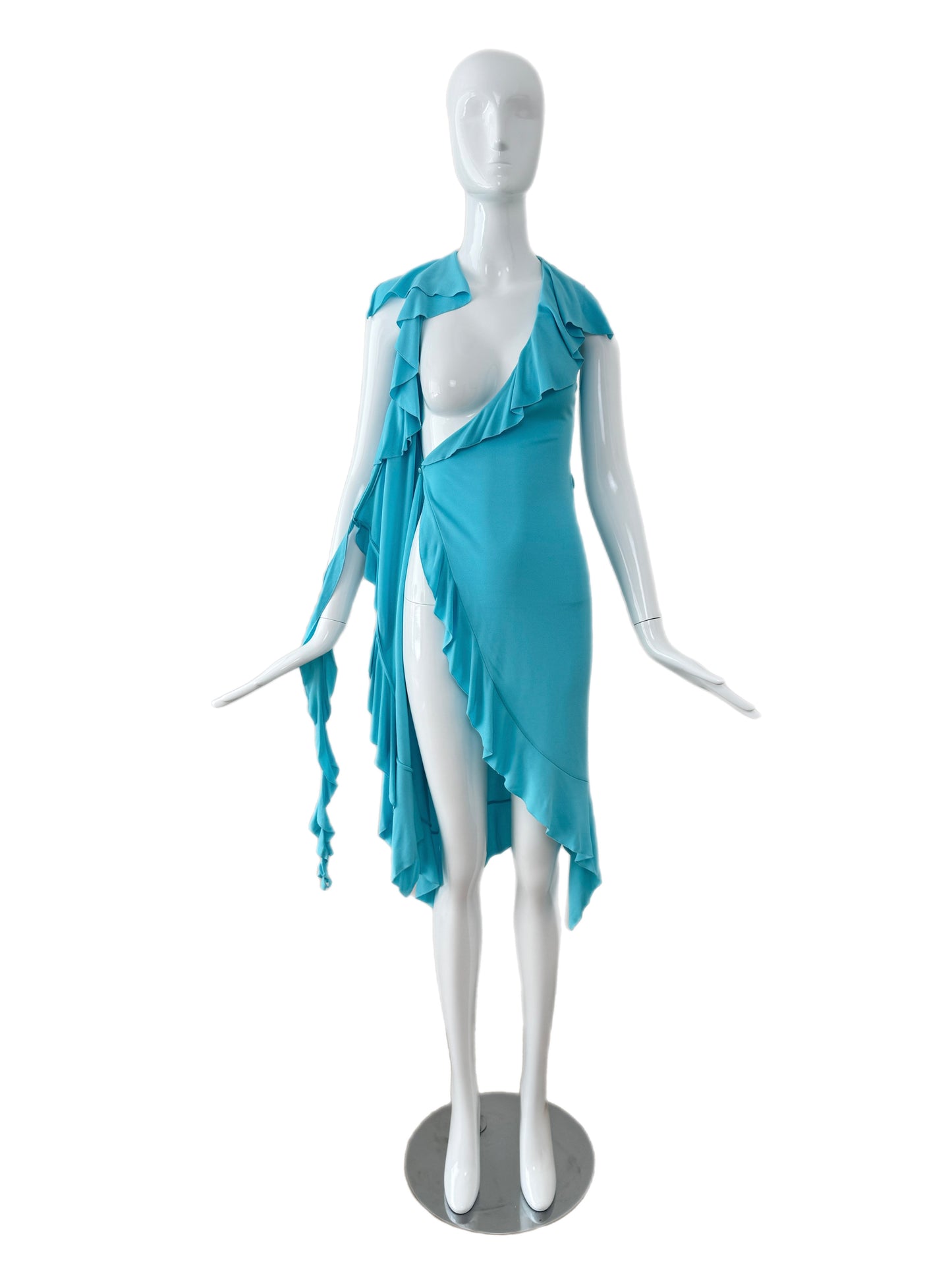 VERSACE 2004 Vintage Aqua Blue Ruffle Wrap Dress