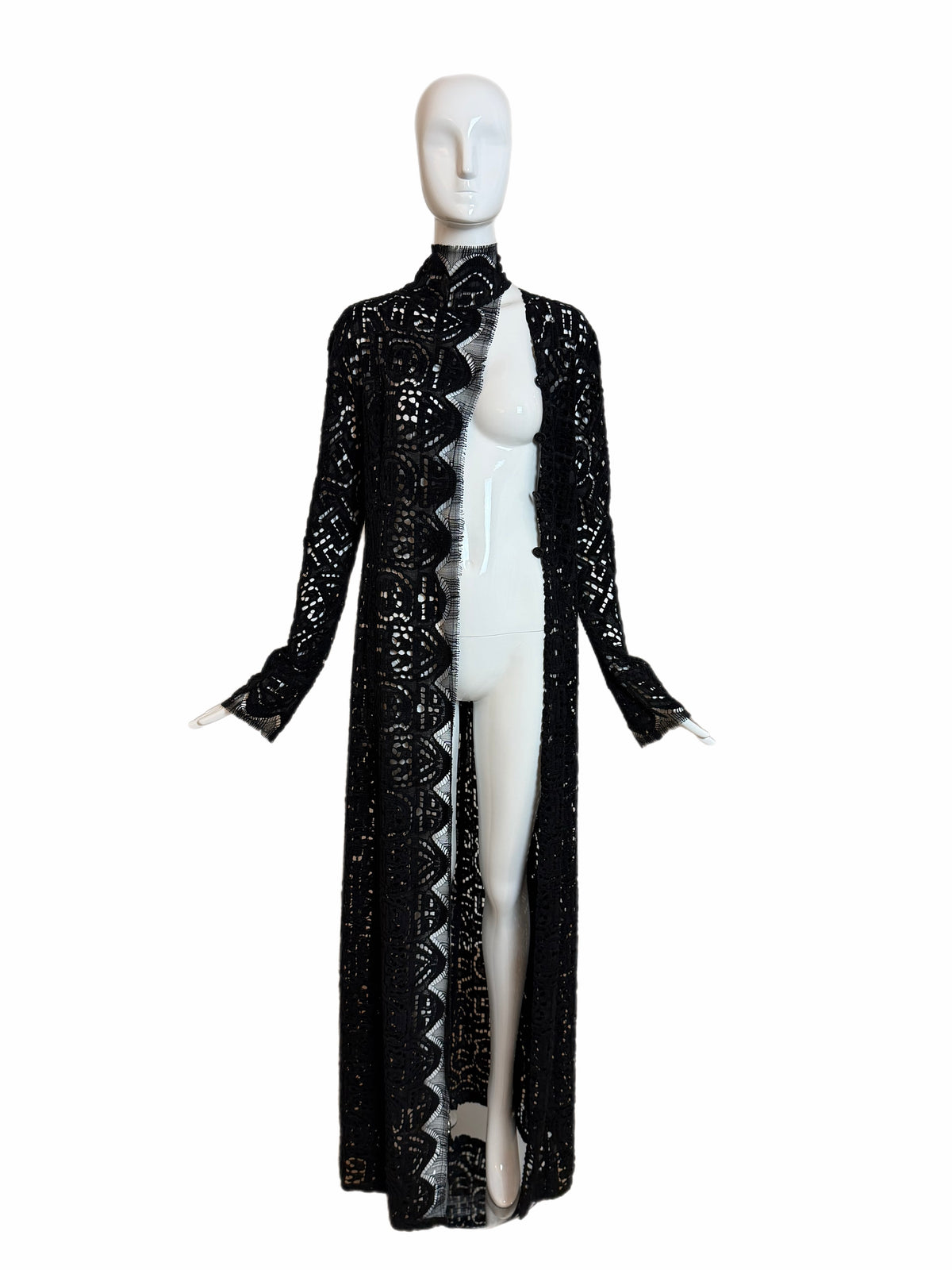 Danes Vintage Black Crochet Dramatic Floor Length Long Sleeve Jacket