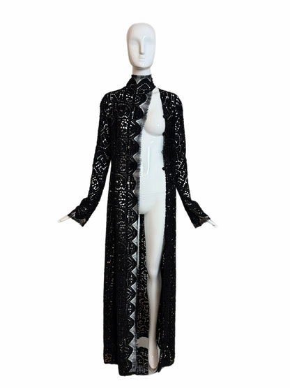 Danes Vintage Black Crochet Dramatic Floor Length Long Sleeve Jacket
