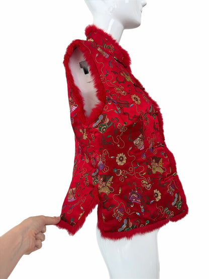 ADRIENNE LANDAU Vintage Red Chinoiserie Fur Trimmed Lightweight Vest